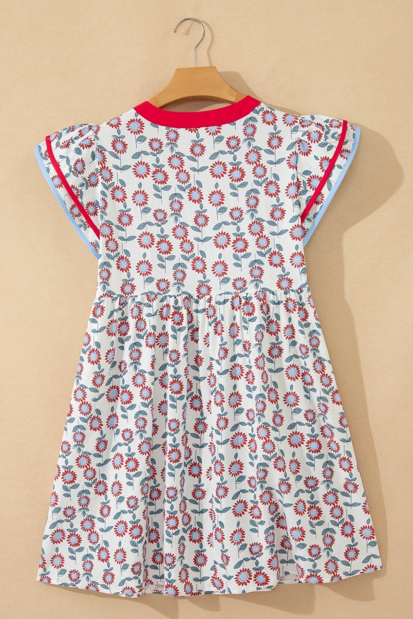 Floral Contrast Trim V-Neck Flutter Sleeve Mini Dress - Rooted & Reckless Co.