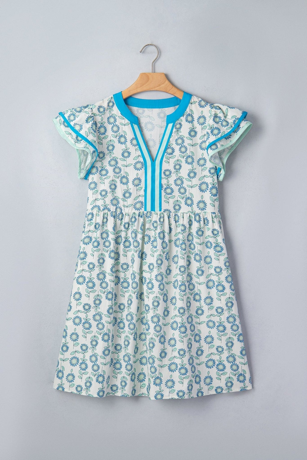 Floral Contrast Trim V-Neck Flutter Sleeve Mini Dress - Rooted & Reckless Co.