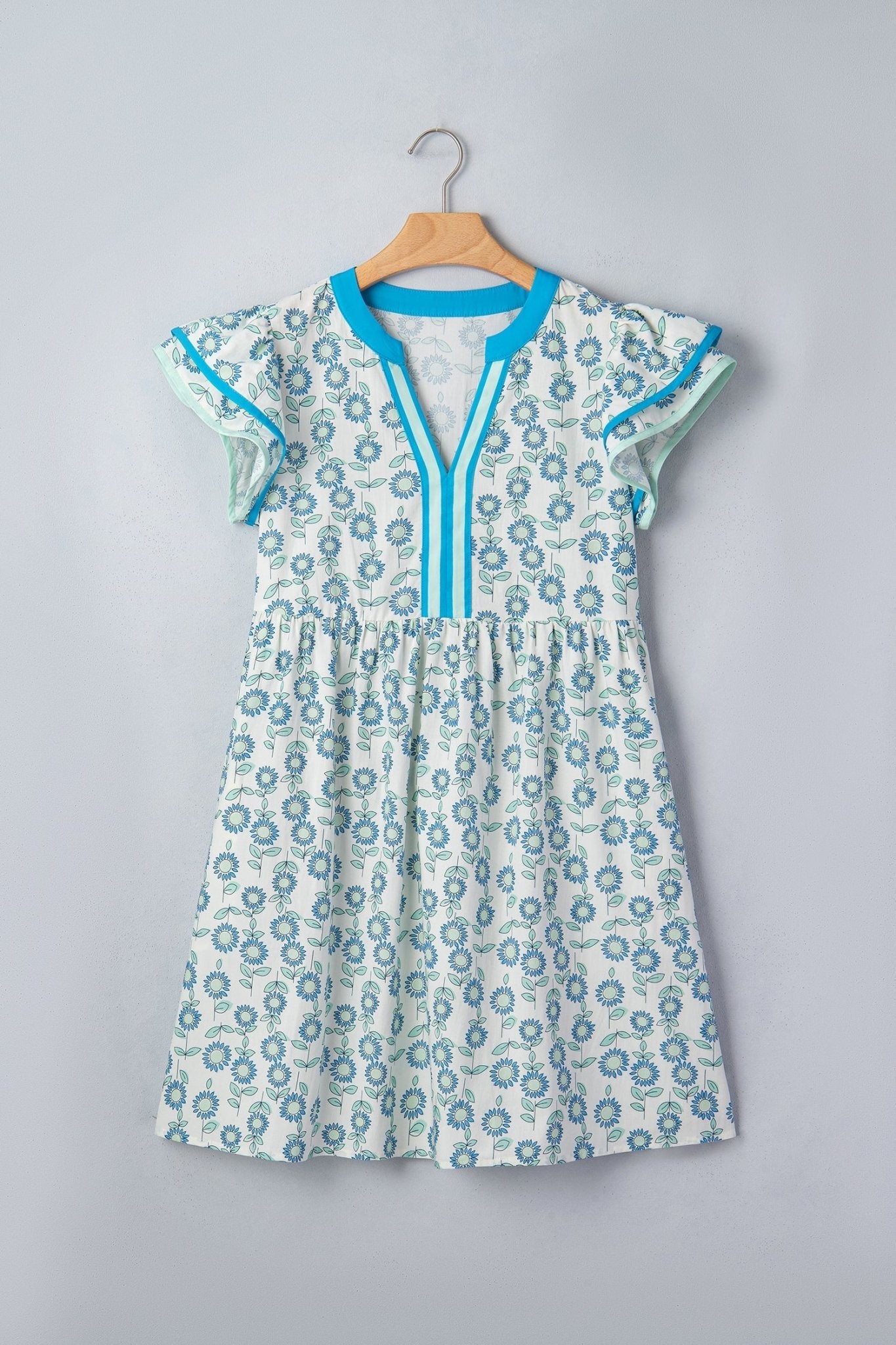 Floral Contrast Trim V-Neck Flutter Sleeve Mini Dress - Rooted & Reckless Co.