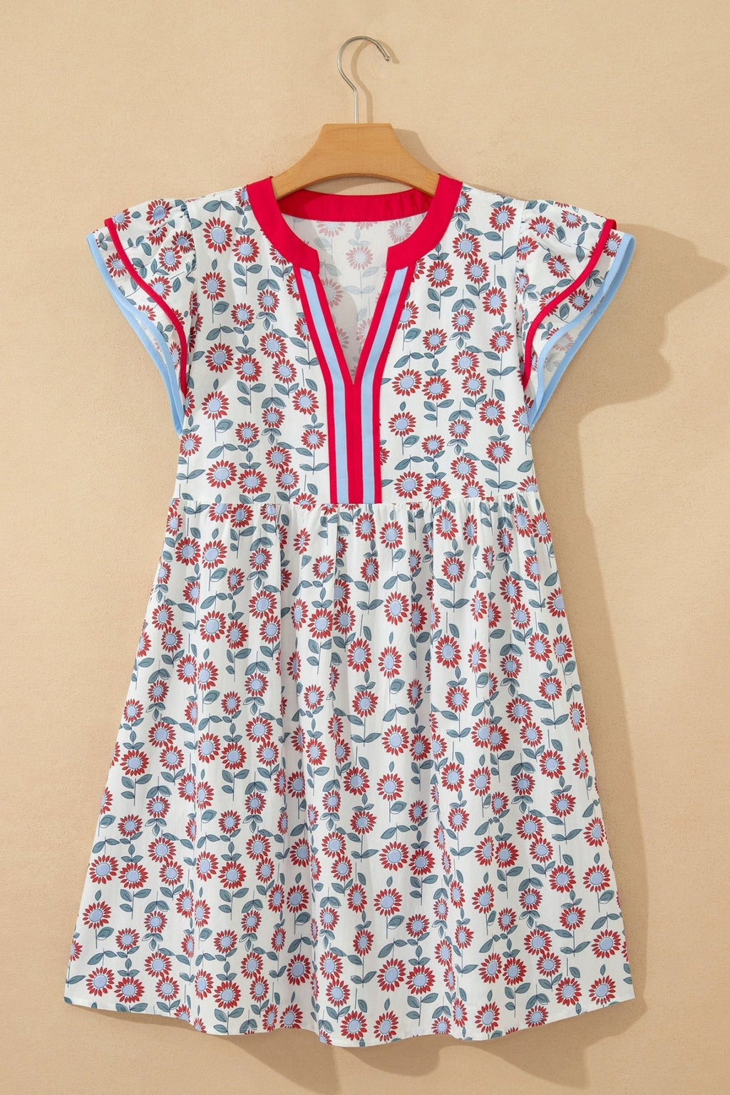 Floral Contrast Trim V-Neck Flutter Sleeve Mini Dress - Rooted & Reckless Co.