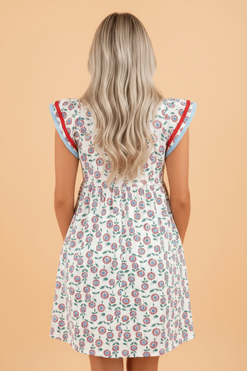 Floral Contrast Trim V-Neck Flutter Sleeve Mini Dress - Rooted & Reckless Co.
