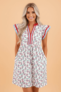 Floral Contrast Trim V-Neck Flutter Sleeve Mini Dress - Rooted & Reckless Co.