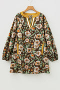 Floral Contrast Trim V-Neck Long Sleeve Pocketed Dress - Rooted & Reckless Co.