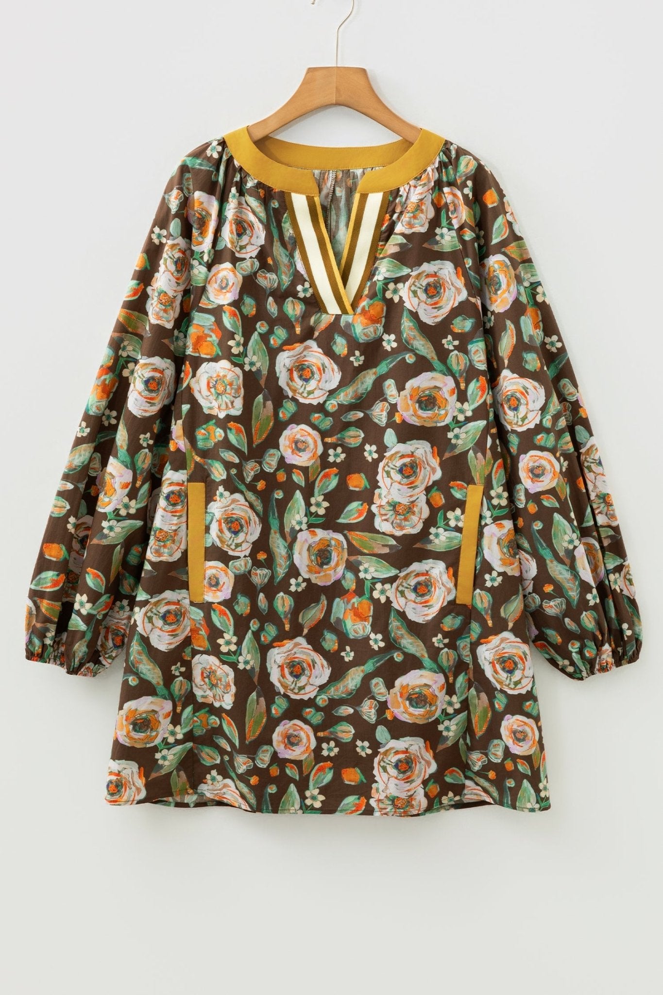 Floral Contrast Trim V-Neck Long Sleeve Pocketed Dress - Rooted & Reckless Co.