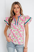 Floral Contrast Trim V-Neck Ruffle Short Sleeve Blouse - Rooted & Reckless Co.