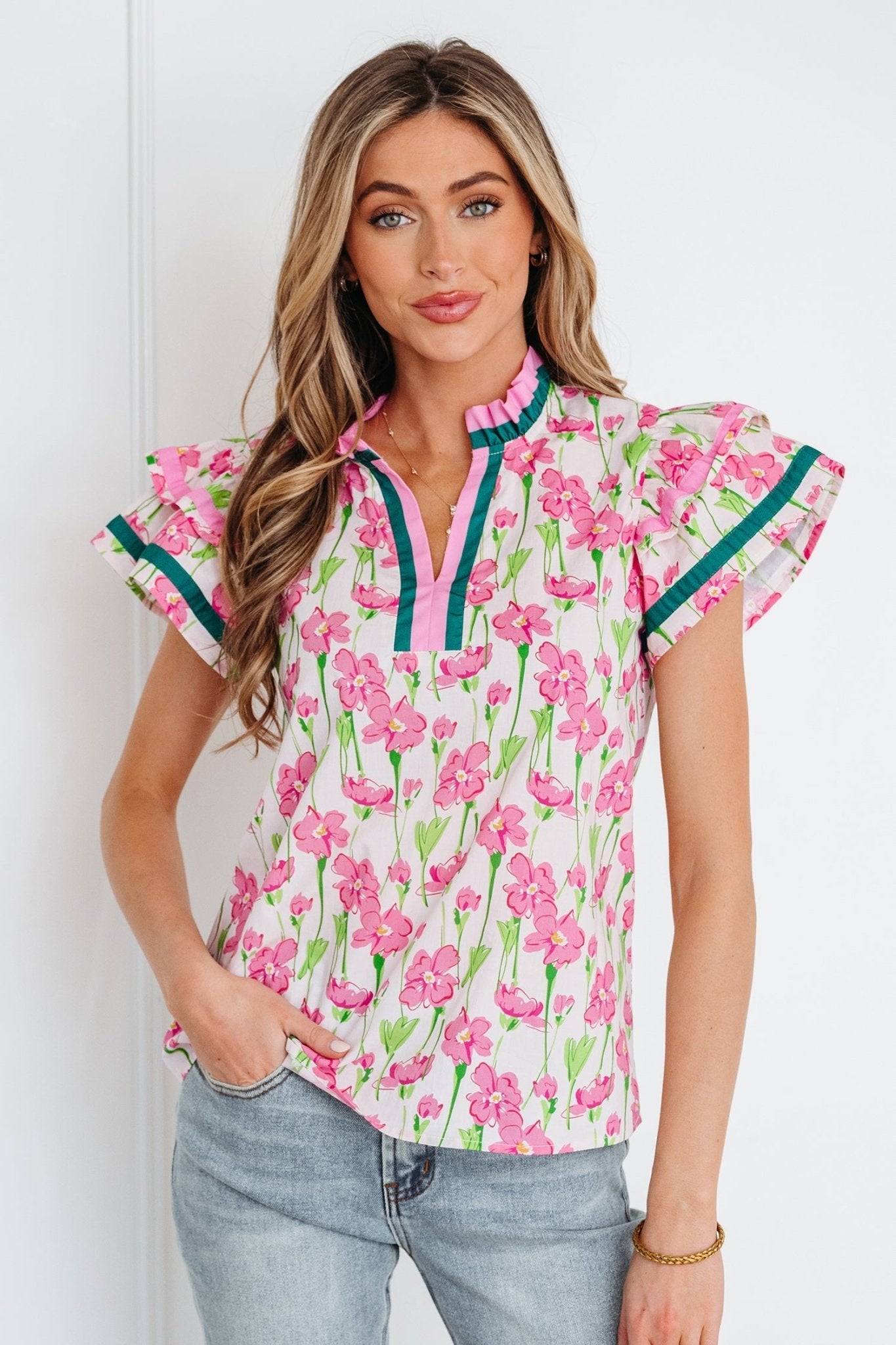 Floral Contrast Trim V-Neck Ruffle Short Sleeve Blouse - Rooted & Reckless Co.