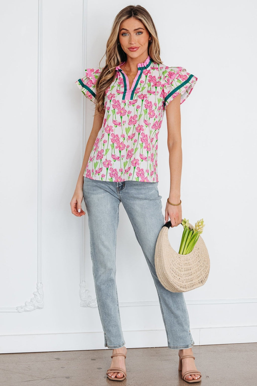 Floral Contrast Trim V-Neck Ruffle Short Sleeve Blouse - Rooted & Reckless Co.