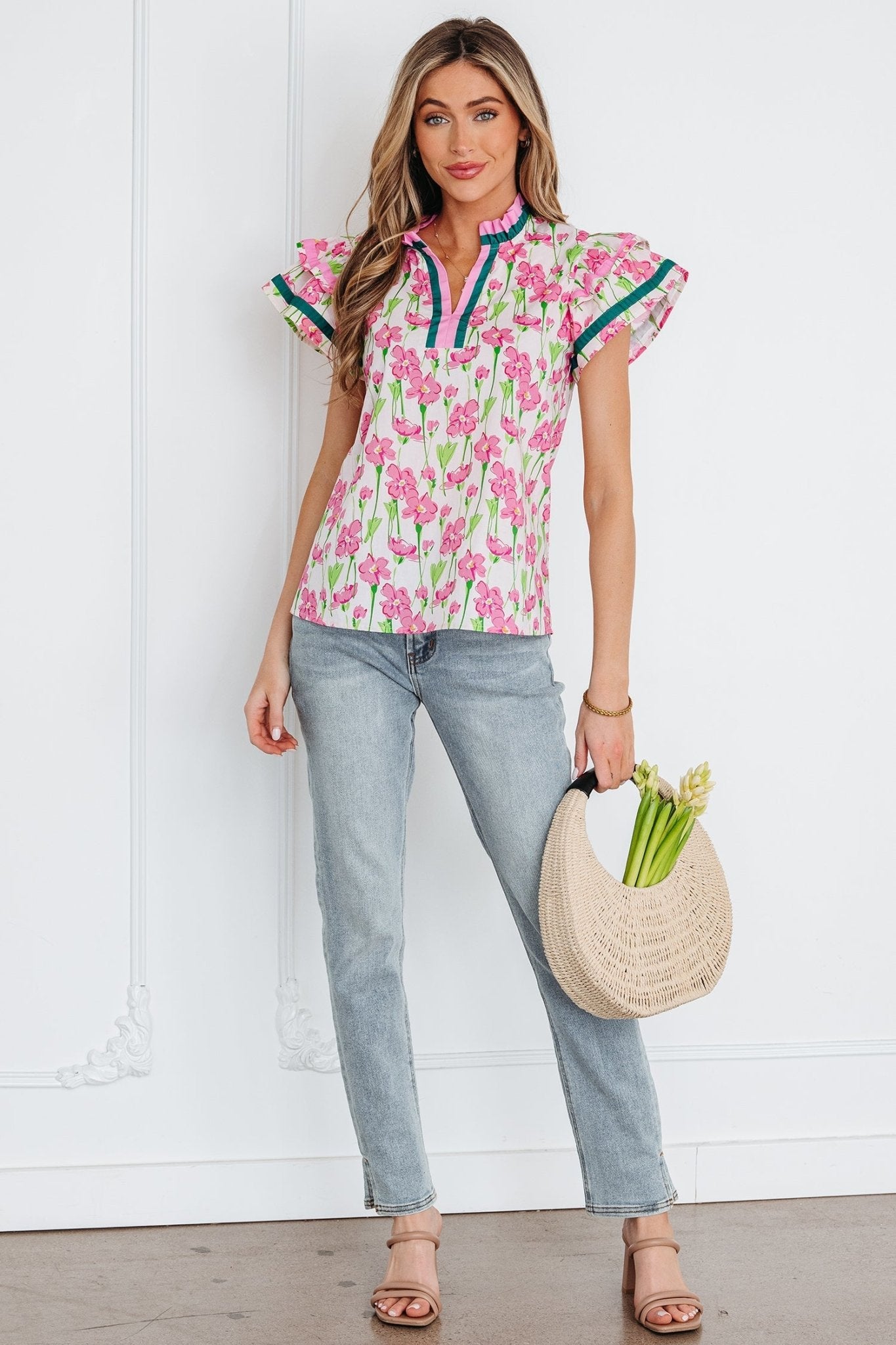 Floral Contrast Trim V-Neck Ruffle Short Sleeve Blouse - Rooted & Reckless Co.