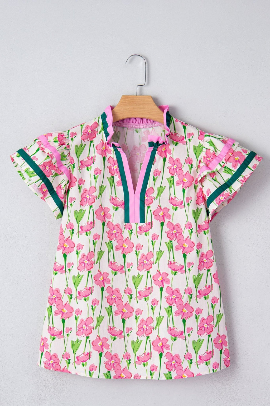 Floral Contrast Trim V-Neck Ruffle Short Sleeve Blouse - Rooted & Reckless Co.