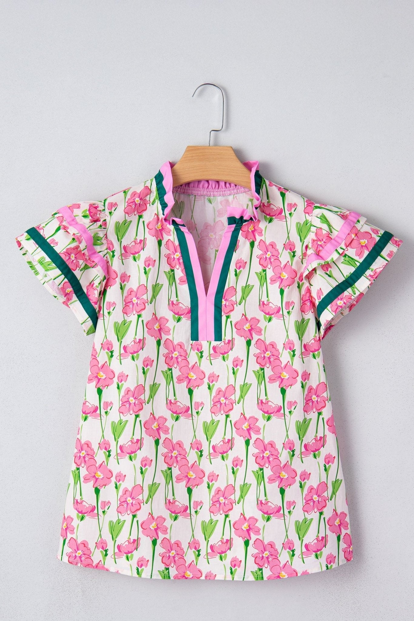 Floral Contrast Trim V-Neck Ruffle Short Sleeve Blouse - Rooted & Reckless Co.