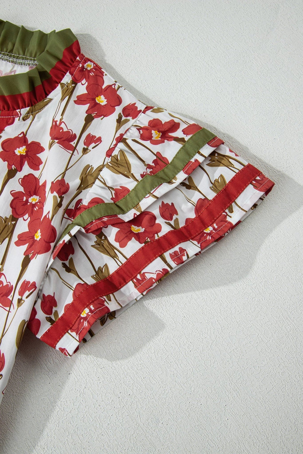 Floral Contrast Trim V-Neck Ruffle Short Sleeve Blouse - Rooted & Reckless Co.