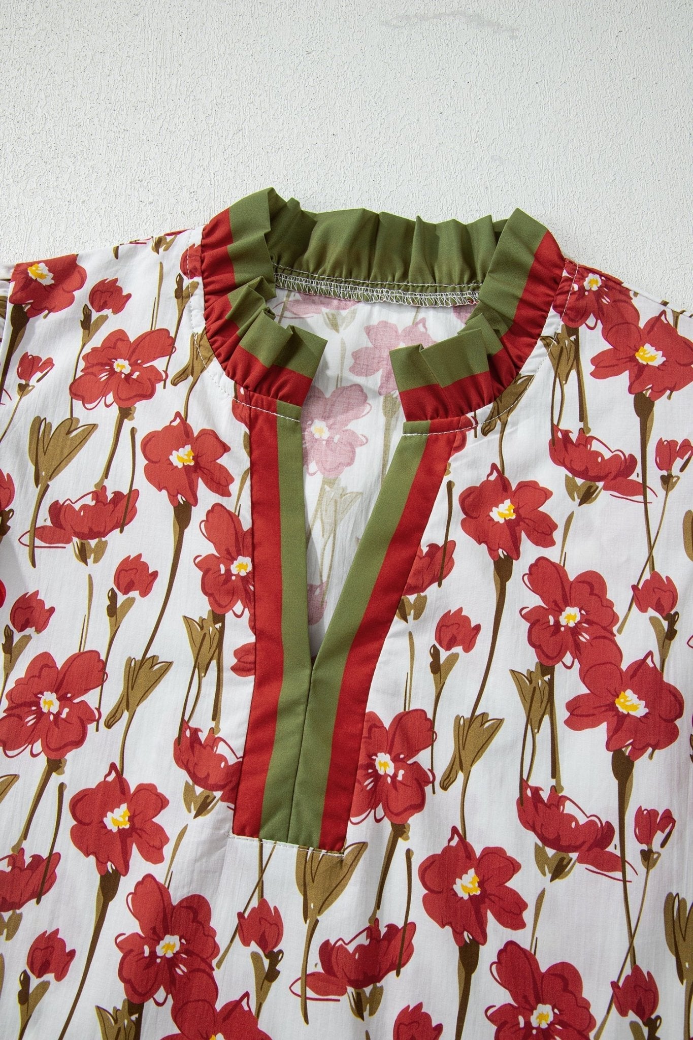 Floral Contrast Trim V-Neck Ruffle Short Sleeve Blouse - Rooted & Reckless Co.