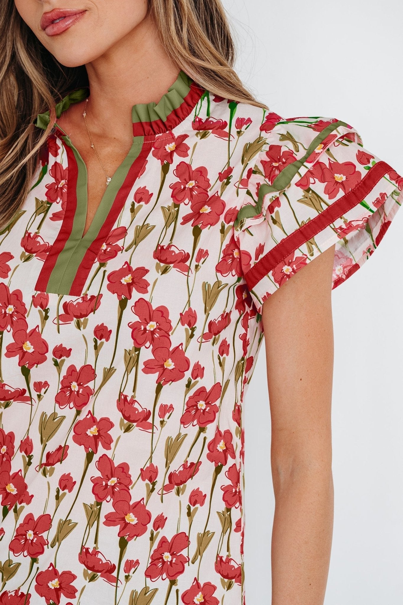 Floral Contrast Trim V-Neck Ruffle Short Sleeve Blouse - Rooted & Reckless Co.