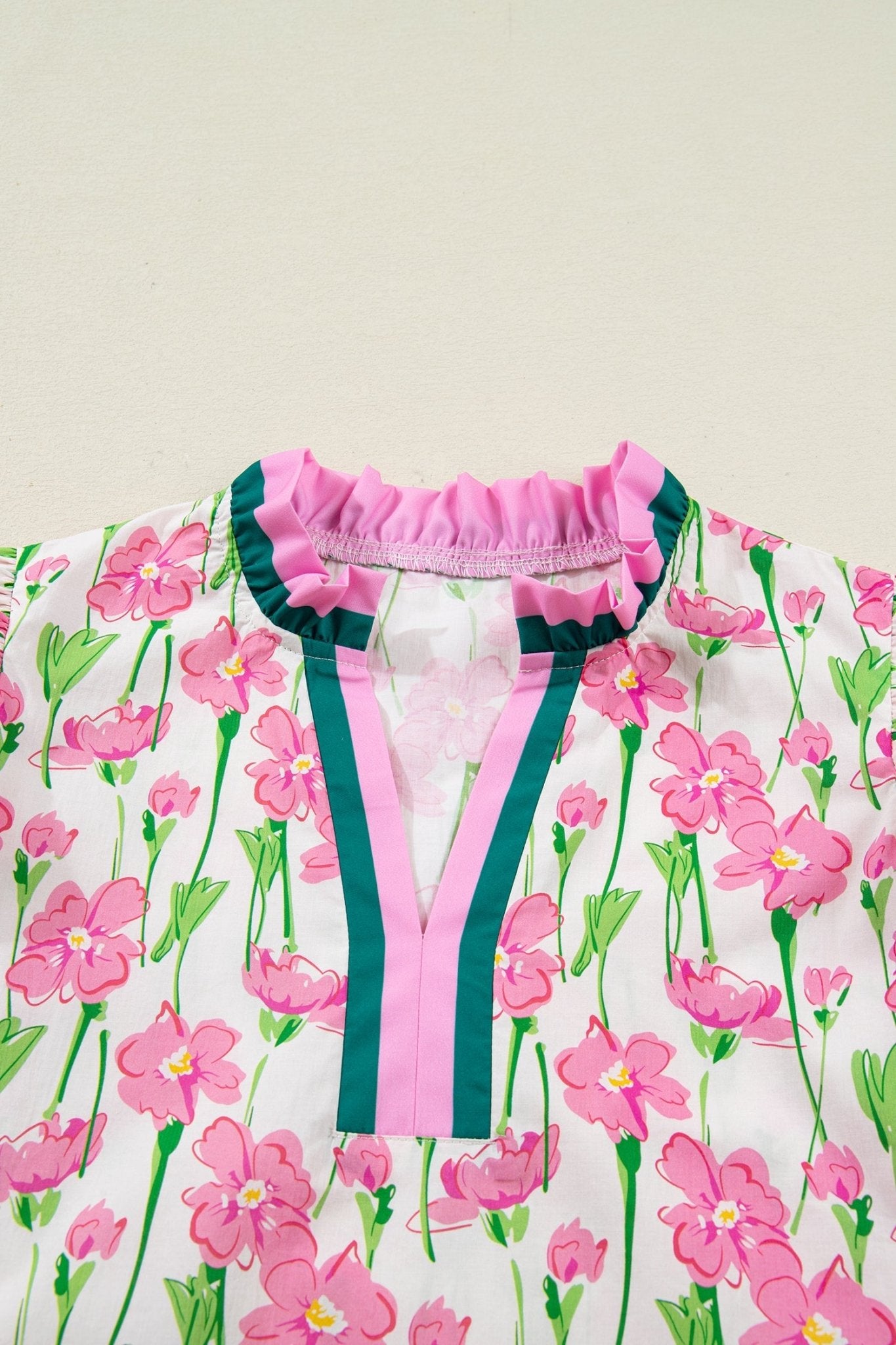 Floral Contrast Trim V-Neck Ruffle Short Sleeve Blouse - Rooted & Reckless Co.