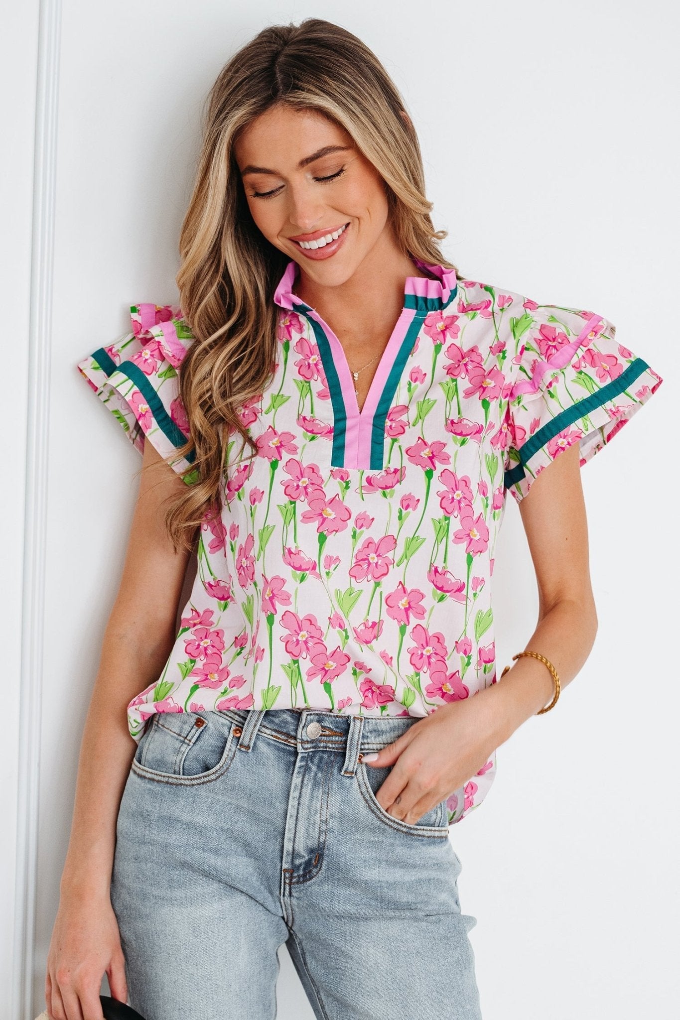 Floral Contrast Trim V-Neck Ruffle Short Sleeve Blouse - Rooted & Reckless Co.