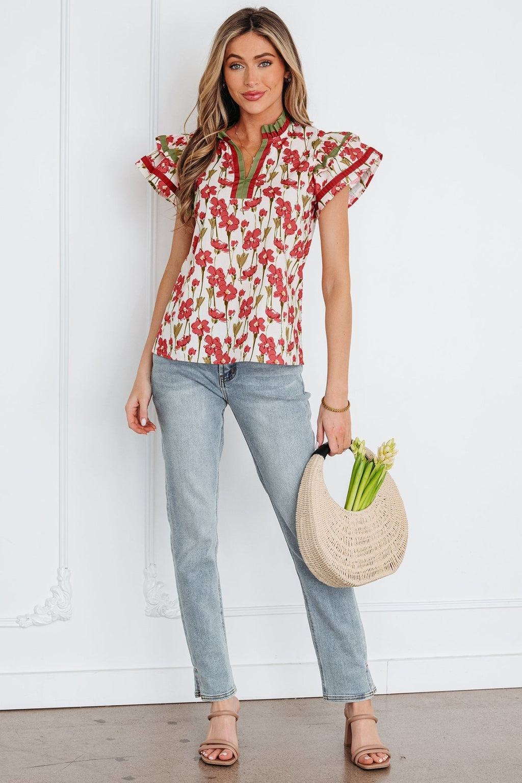 Floral Contrast Trim V-Neck Ruffle Short Sleeve Blouse - Rooted & Reckless Co.
