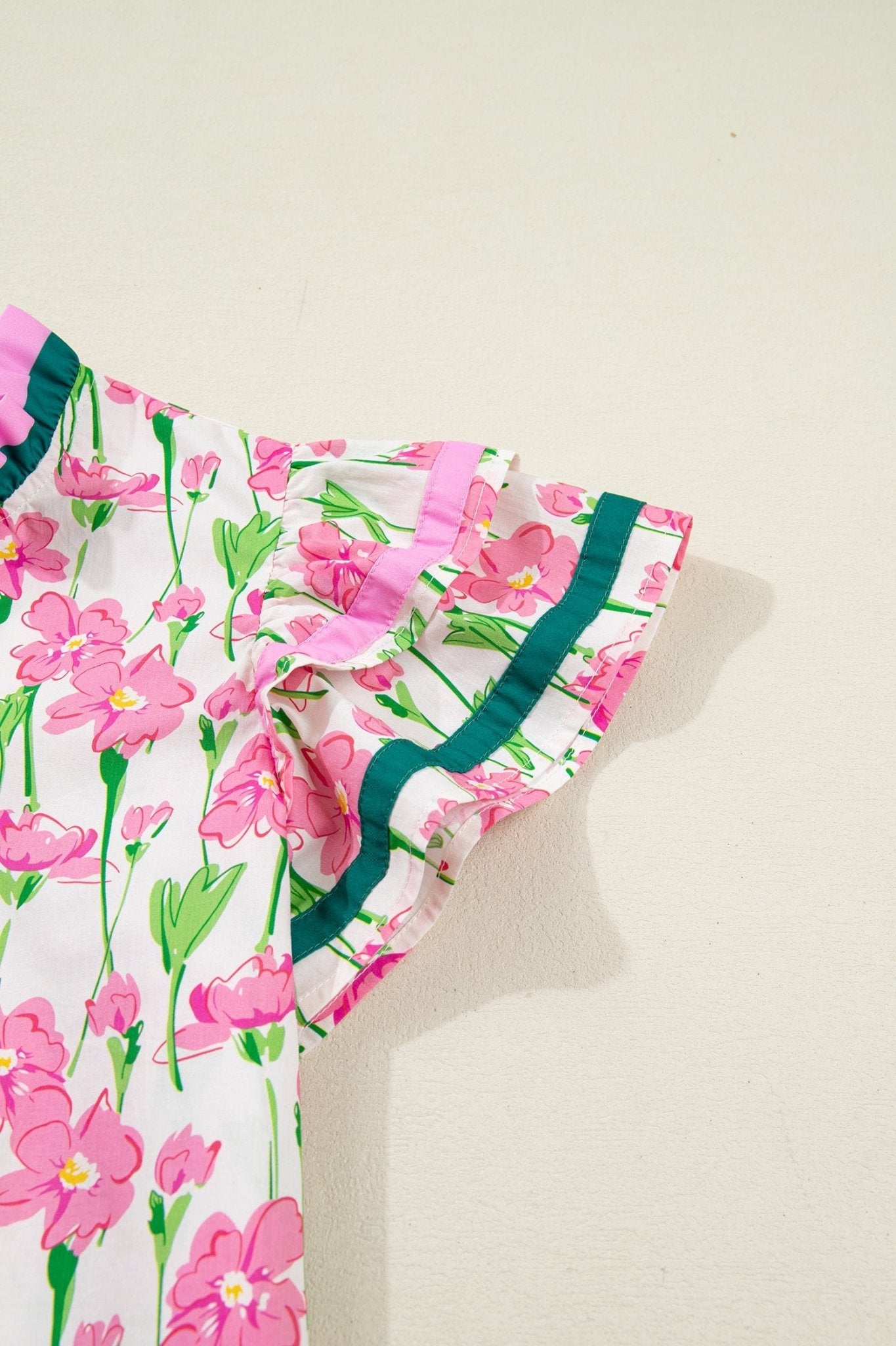 Floral Contrast Trim V-Neck Ruffle Short Sleeve Blouse - Rooted & Reckless Co.