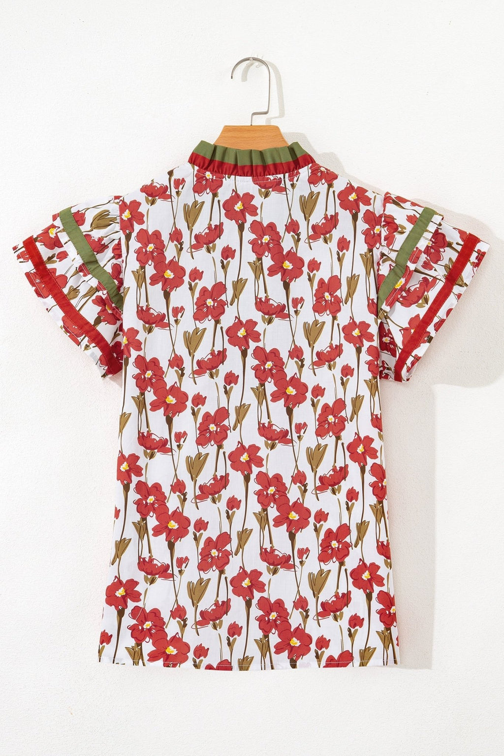 Floral Contrast Trim V-Neck Ruffle Short Sleeve Blouse - Rooted & Reckless Co.
