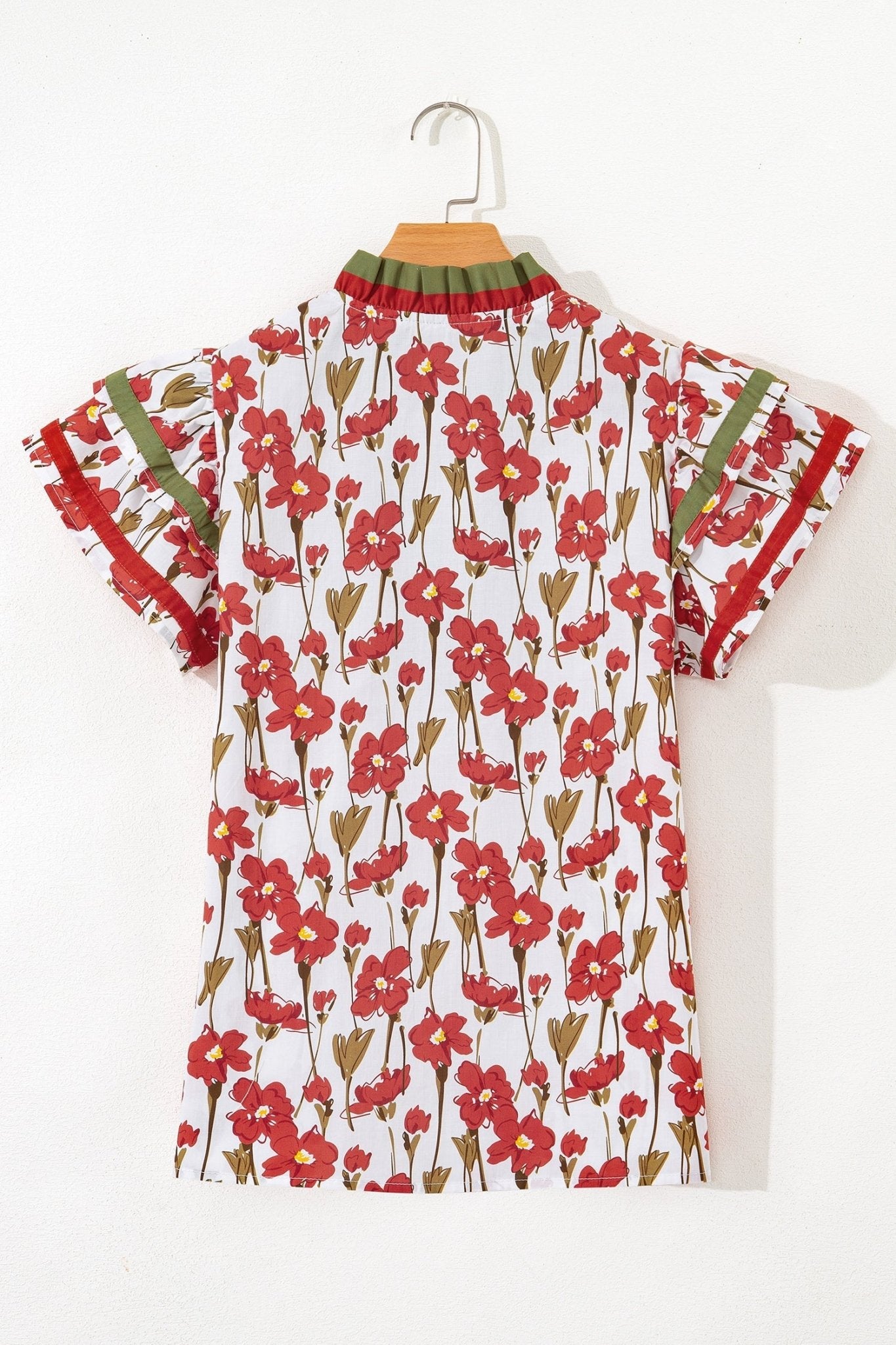 Floral Contrast Trim V-Neck Ruffle Short Sleeve Blouse - Rooted & Reckless Co.