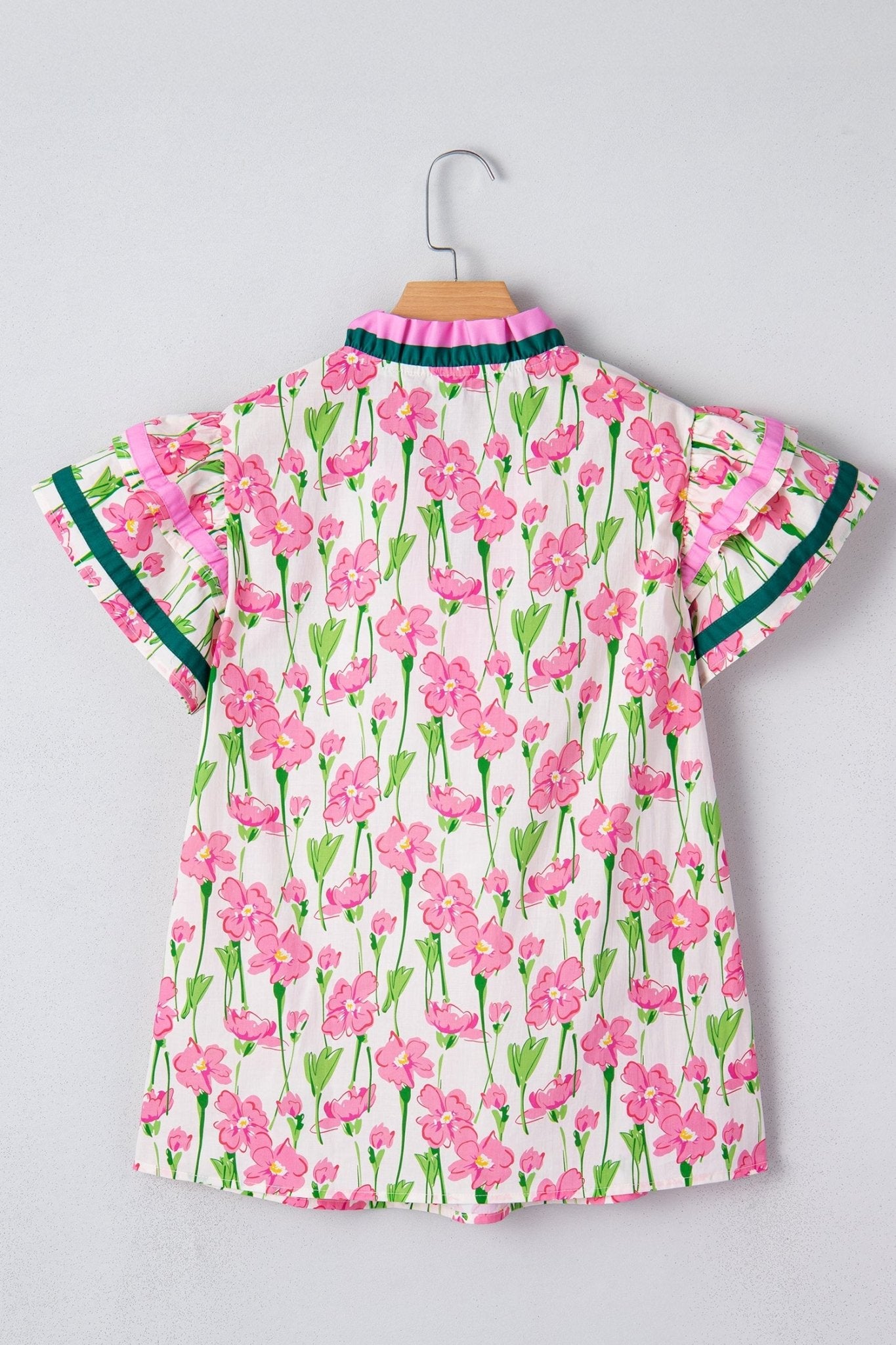 Floral Contrast Trim V-Neck Ruffle Short Sleeve Blouse - Rooted & Reckless Co.