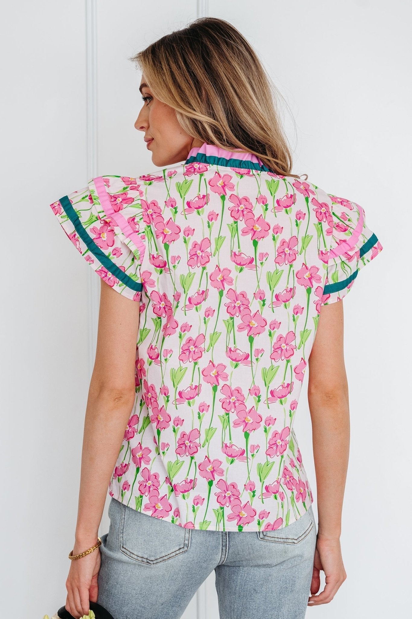 Floral Contrast Trim V-Neck Ruffle Short Sleeve Blouse - Rooted & Reckless Co.