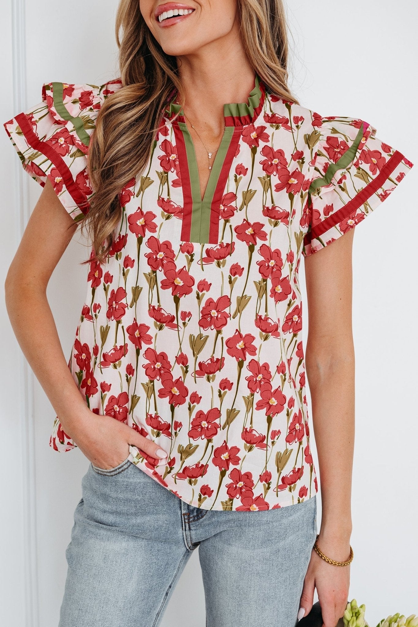 Floral Contrast Trim V-Neck Ruffle Short Sleeve Blouse - Rooted & Reckless Co.