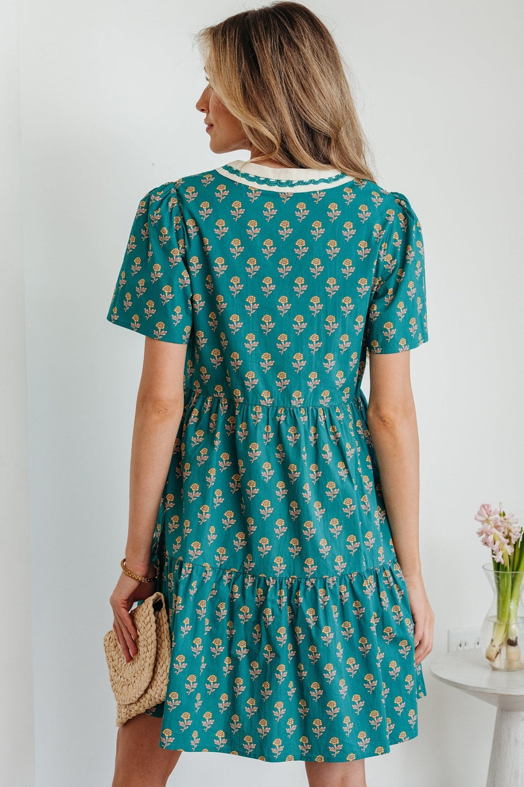 Floral Contrast Trim V-Neck Short Sleeve Dress - Rooted & Reckless Co.