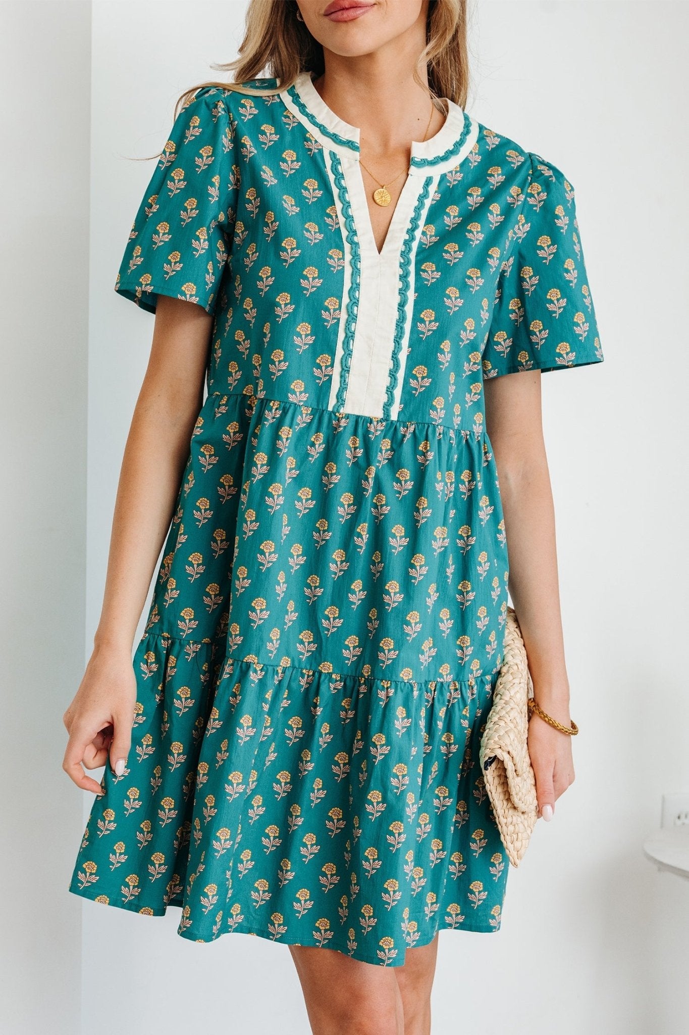 Floral Contrast Trim V-Neck Short Sleeve Dress - Rooted & Reckless Co.