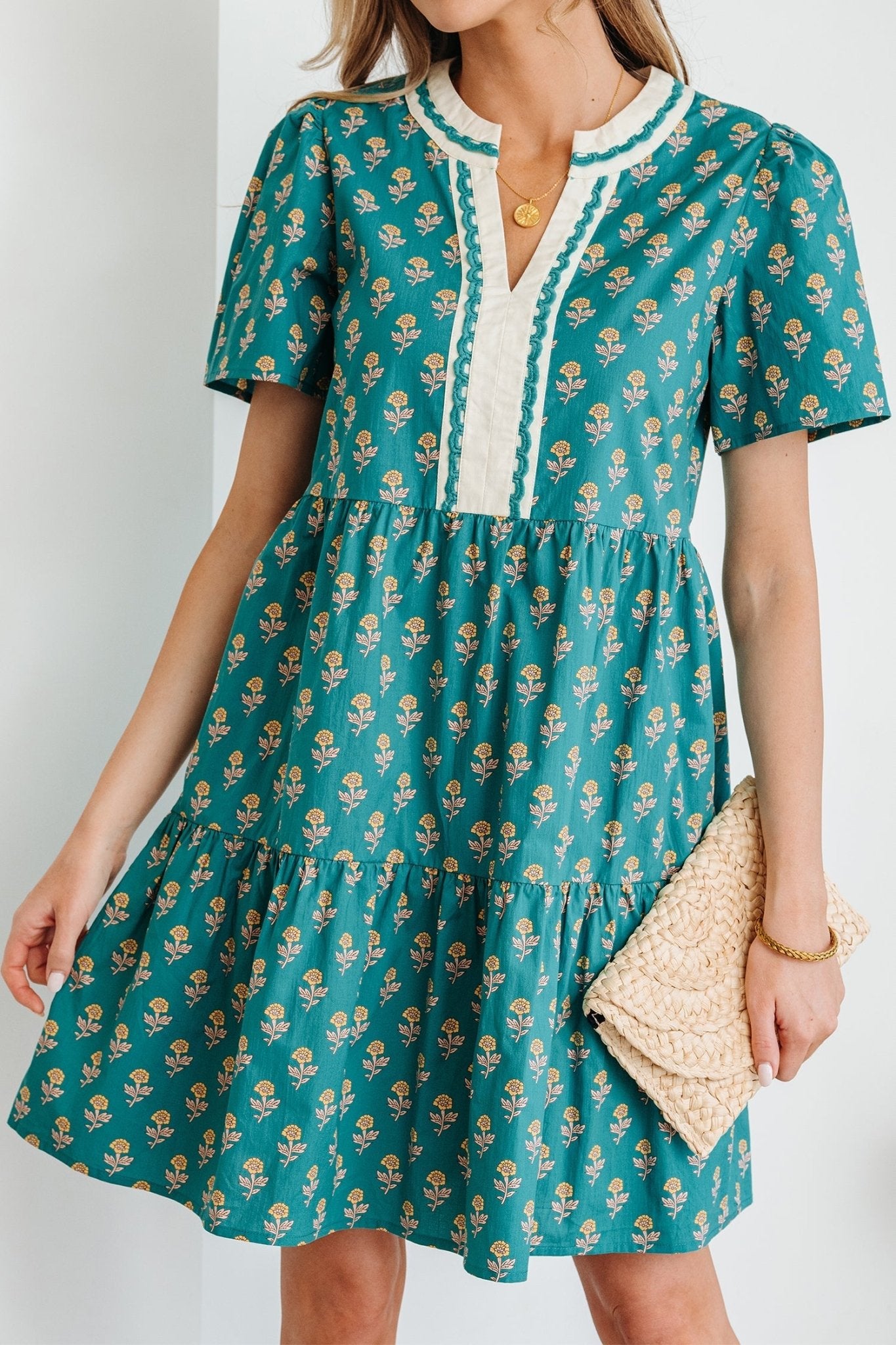 Floral Contrast Trim V-Neck Short Sleeve Dress - Rooted & Reckless Co.