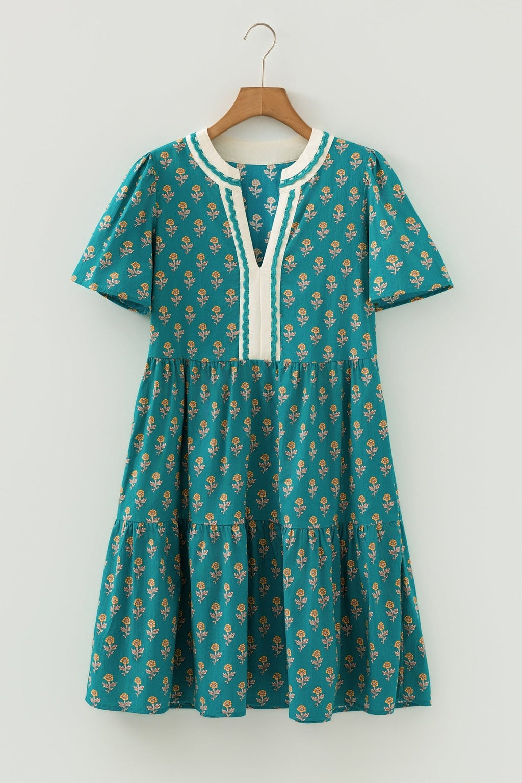 Floral Contrast Trim V-Neck Short Sleeve Dress - Rooted & Reckless Co.
