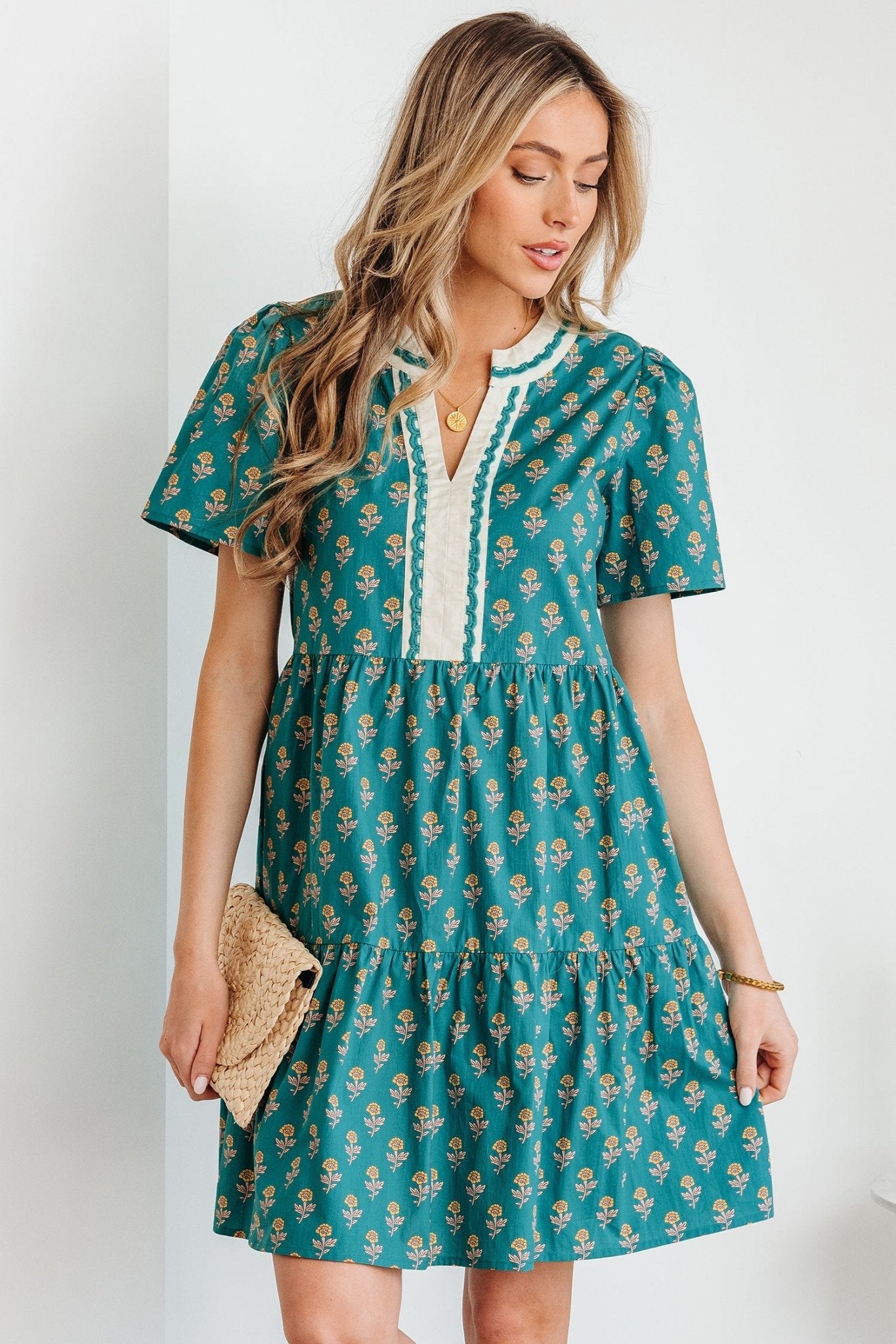 Floral Contrast Trim V-Neck Short Sleeve Dress - Rooted & Reckless Co.