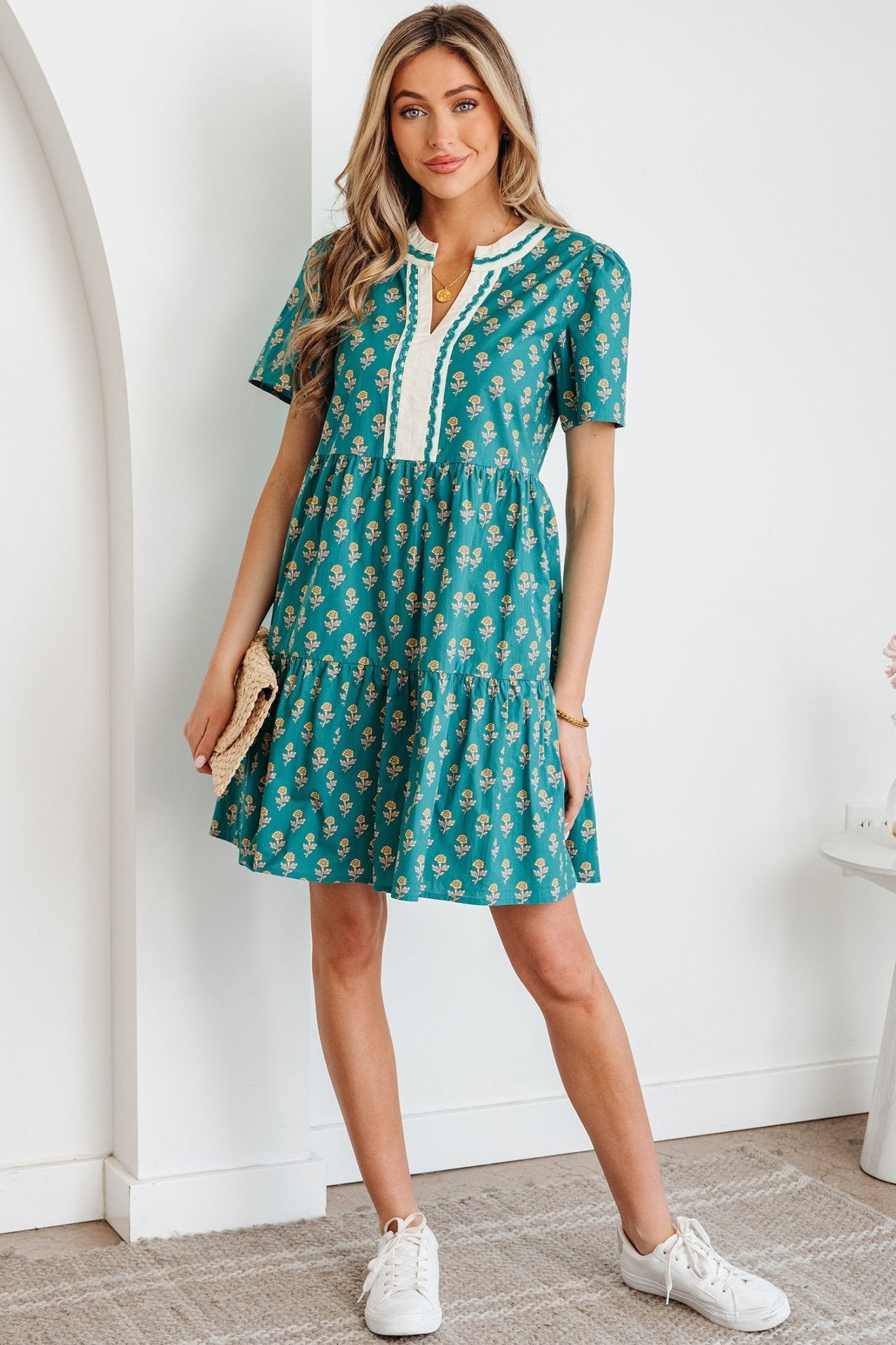 Floral Contrast Trim V-Neck Short Sleeve Dress - Rooted & Reckless Co.