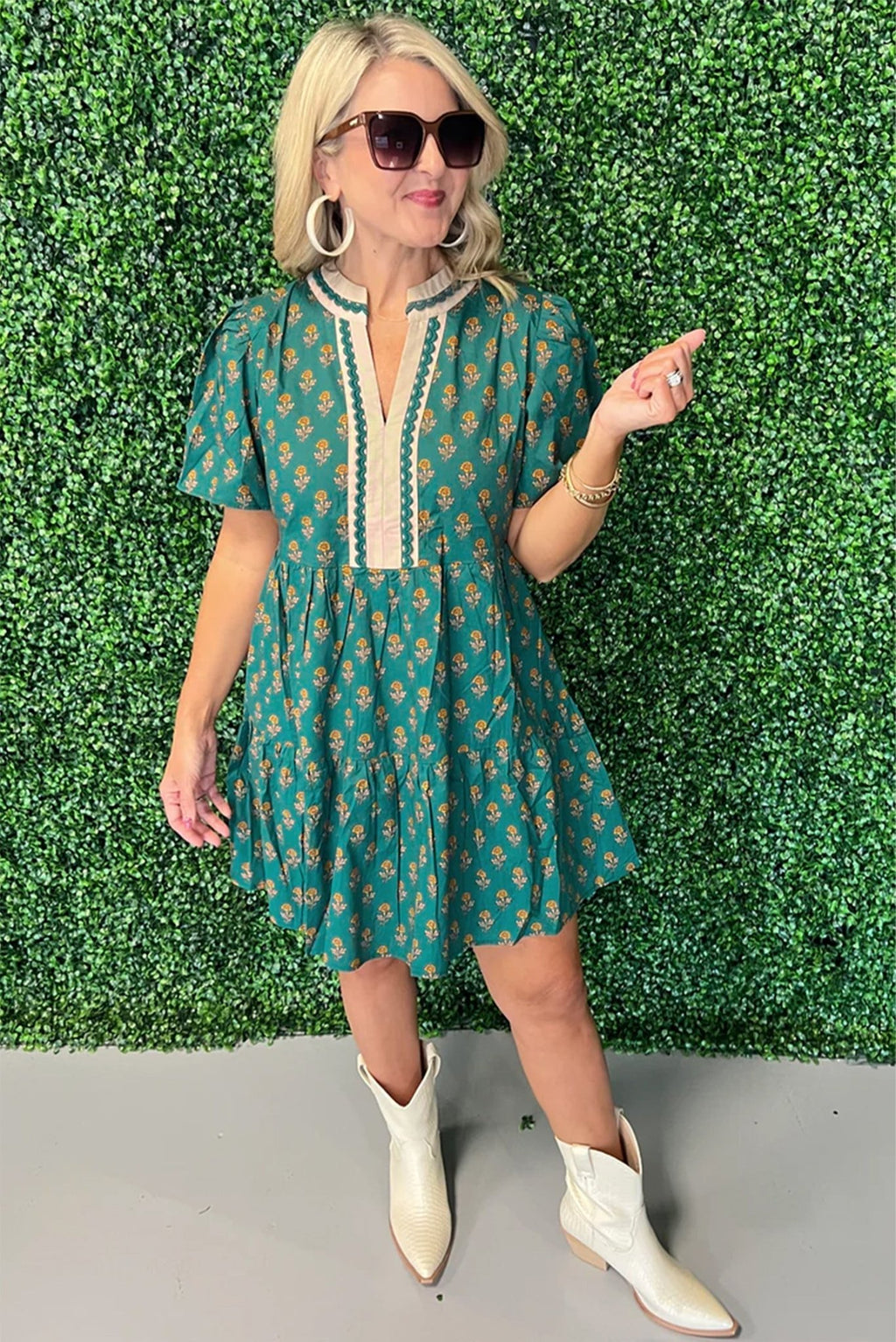 Floral Contrast Trim V-Neck Short Sleeve Dress - Rooted & Reckless Co.