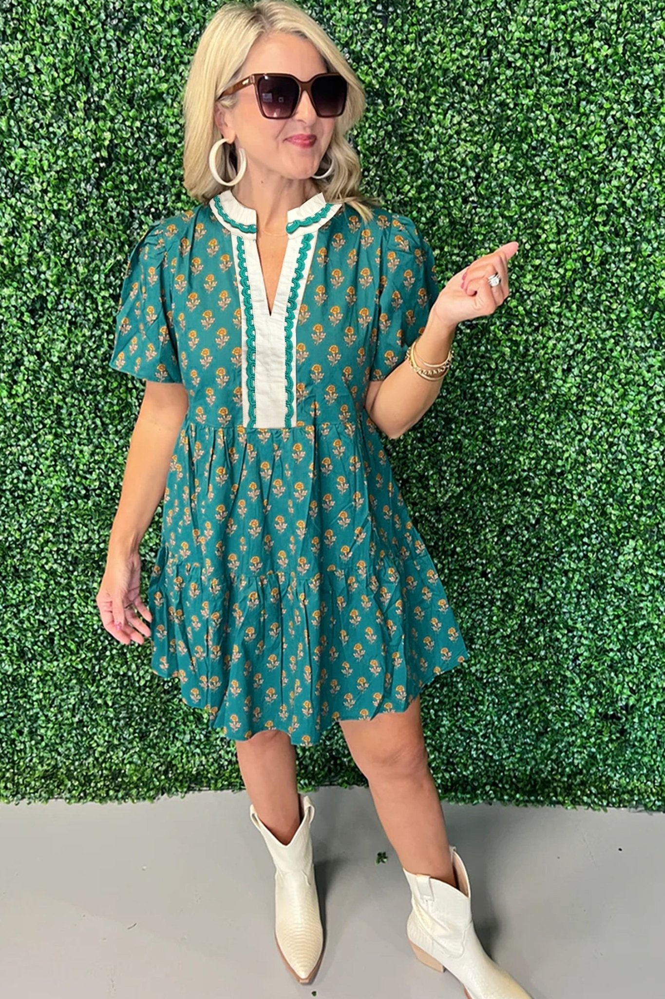 Floral Contrast Trim V-Neck Short Sleeve Dress - Rooted & Reckless Co.