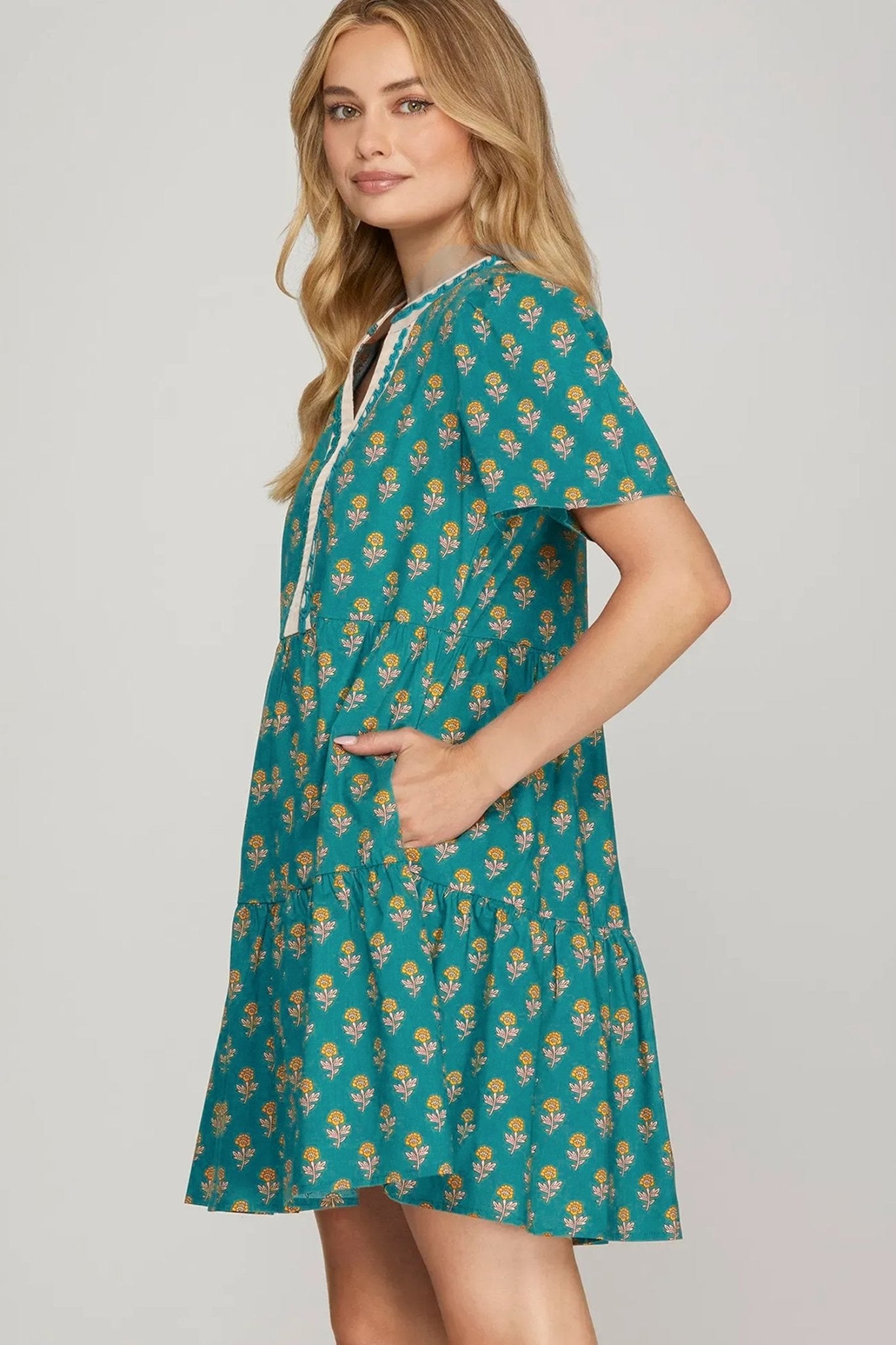 Floral Contrast Trim V-Neck Short Sleeve Dress - Rooted & Reckless Co.