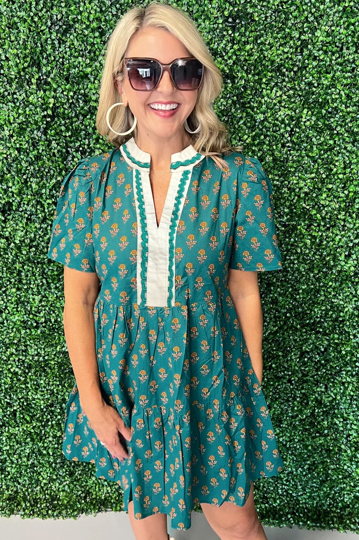 Floral Contrast Trim V-Neck Short Sleeve Dress - Rooted & Reckless Co.