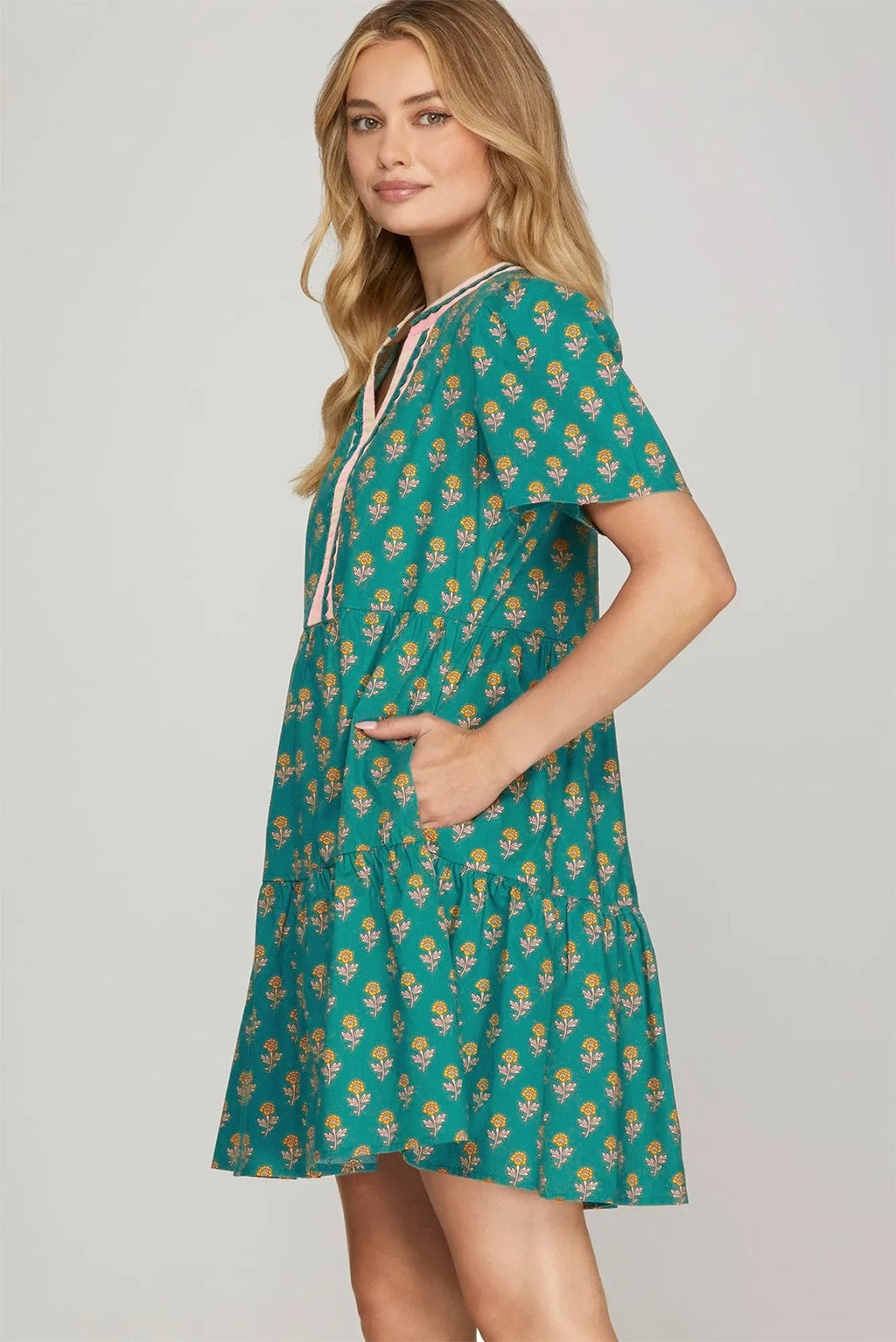 Floral Contrast Trim V-Neck Short Sleeve Dress - Rooted & Reckless Co.