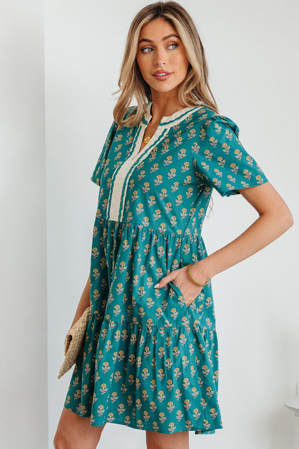 Floral Contrast Trim V-Neck Short Sleeve Dress - Rooted & Reckless Co.