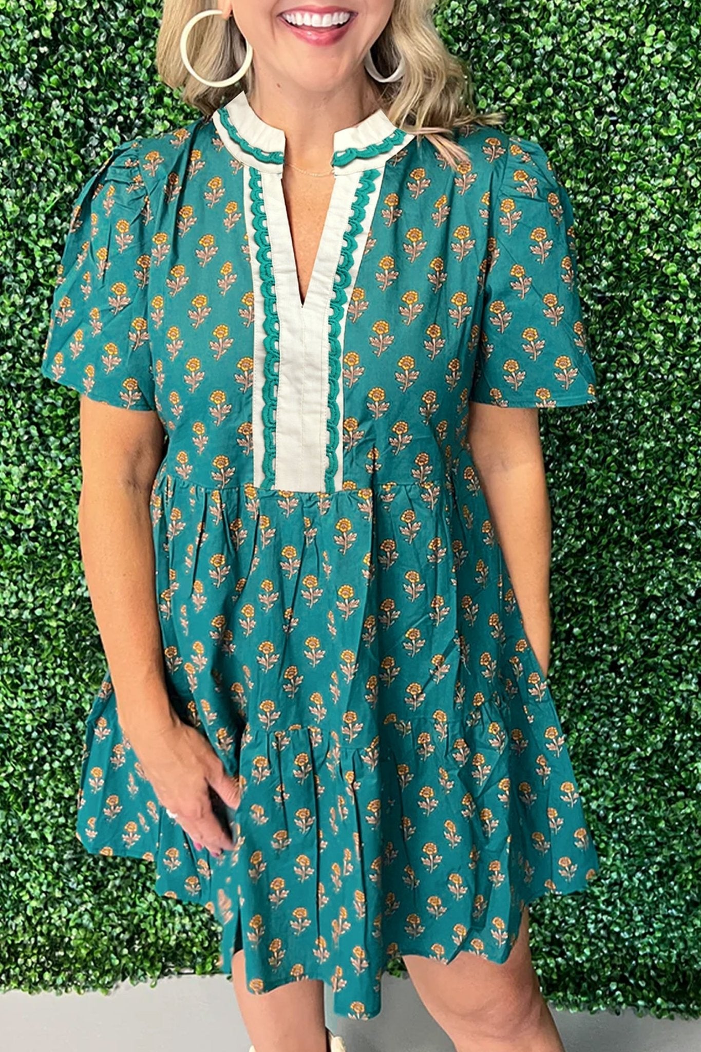 Floral Contrast Trim V-Neck Short Sleeve Dress - Rooted & Reckless Co.