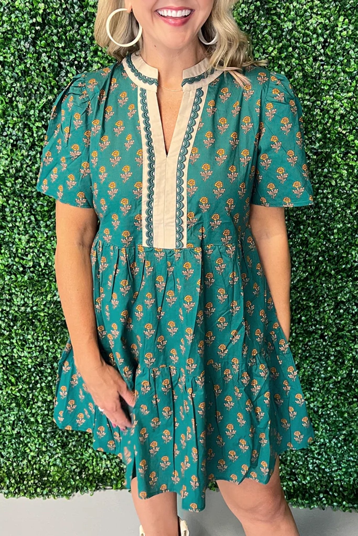 Floral Contrast Trim V-Neck Short Sleeve Dress - Rooted & Reckless Co.