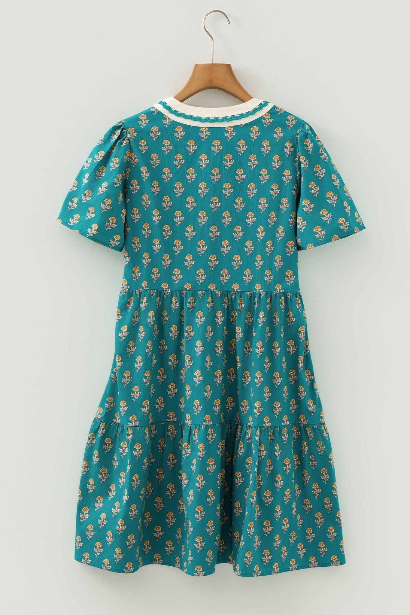 Floral Contrast Trim V-Neck Short Sleeve Dress - Rooted & Reckless Co.