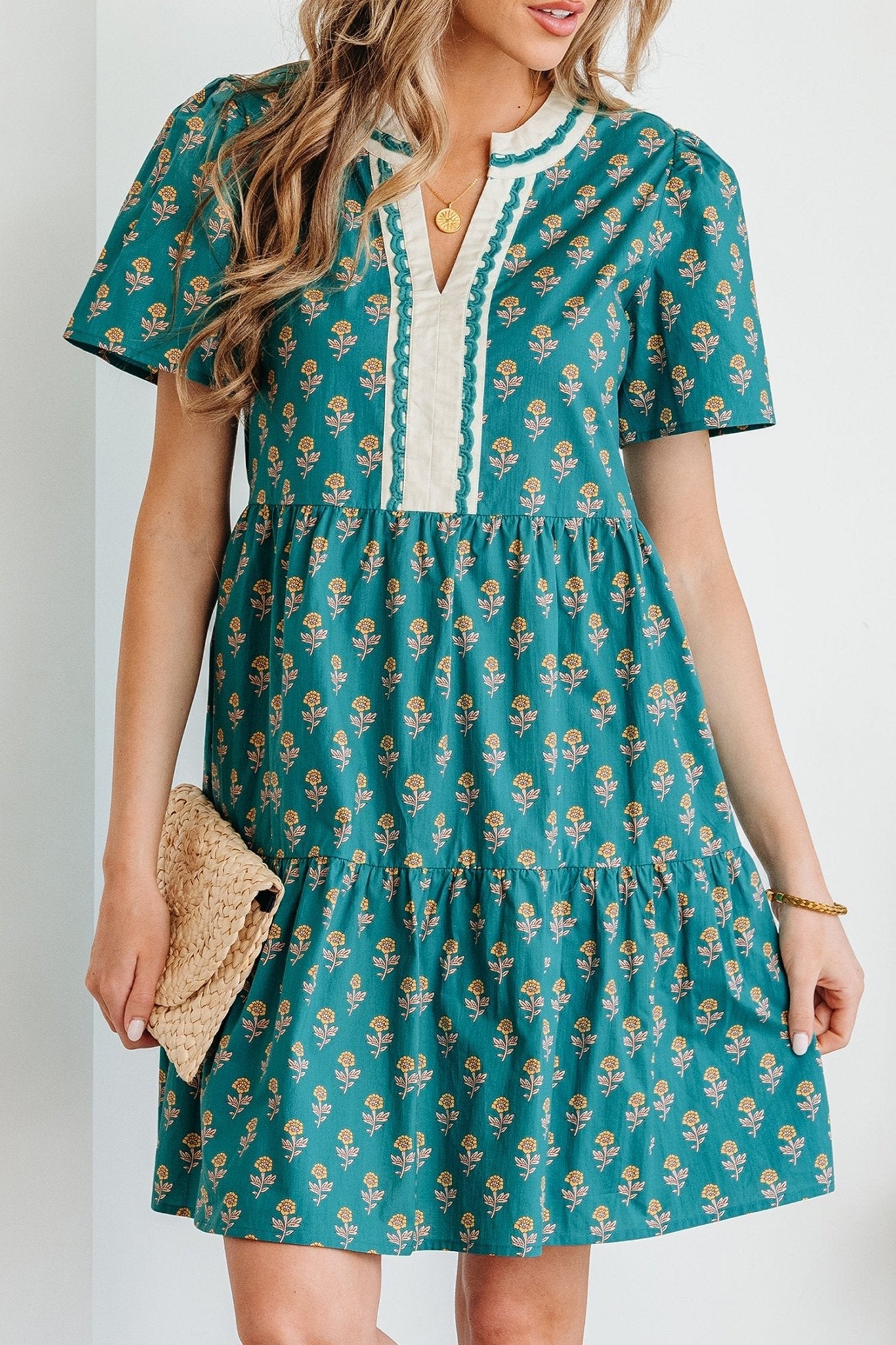 Floral Contrast Trim V-Neck Short Sleeve Dress - Rooted & Reckless Co.
