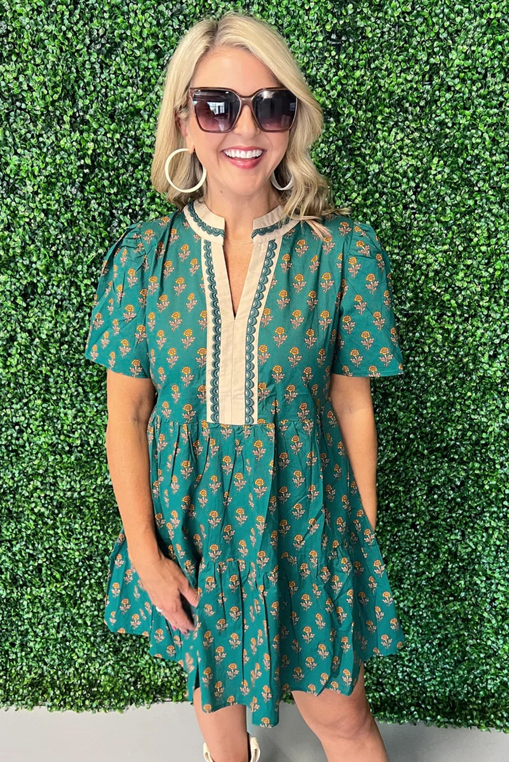 Floral Contrast Trim V-Neck Short Sleeve Dress - Rooted & Reckless Co.