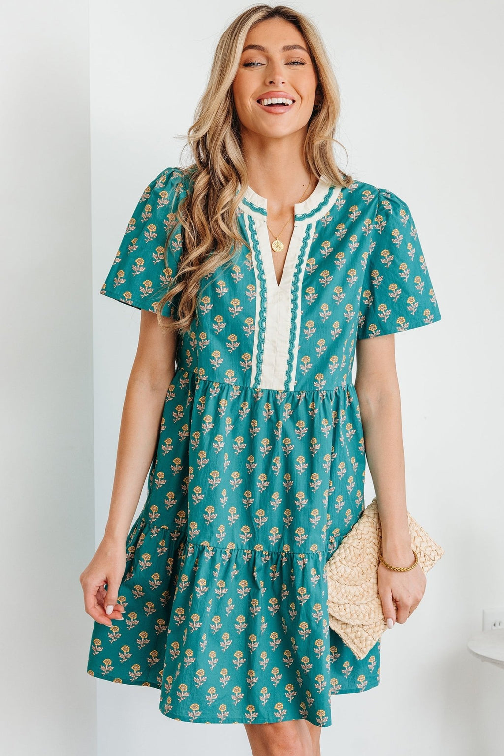 Floral Contrast Trim V-Neck Short Sleeve Dress - Rooted & Reckless Co.