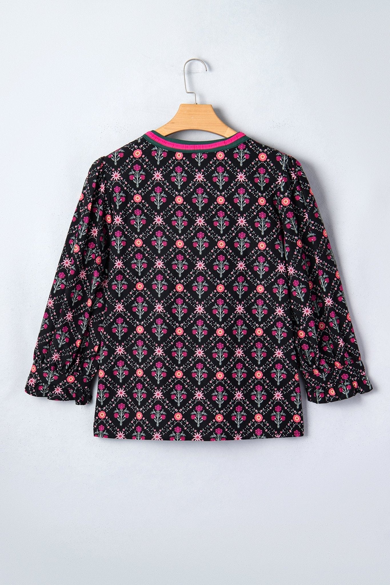 Floral Contrast V-Neck 3/4 Sleeve Blouse - Rooted & Reckless Co.