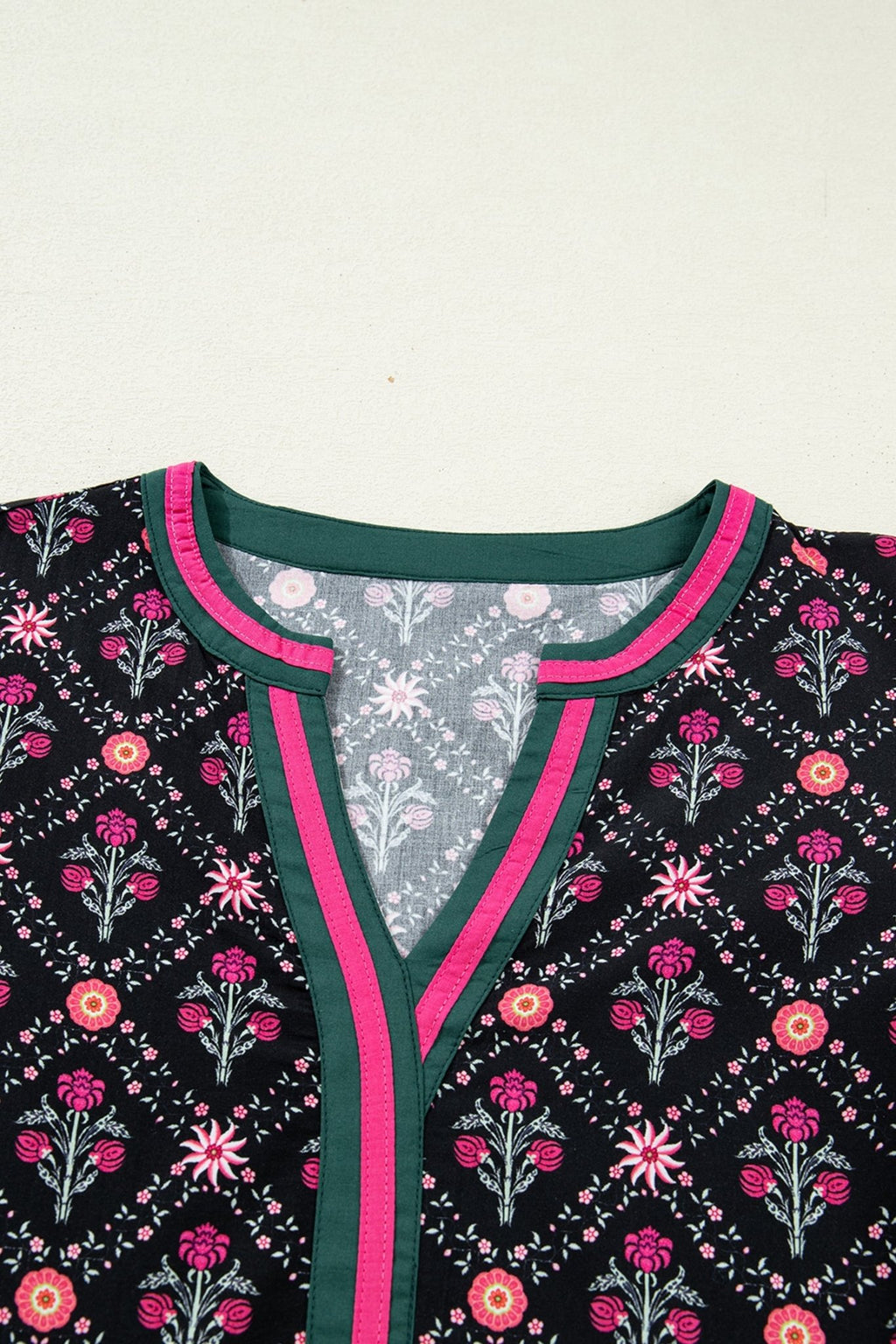 Floral Contrast V-Neck 3/4 Sleeve Blouse - Rooted & Reckless Co.