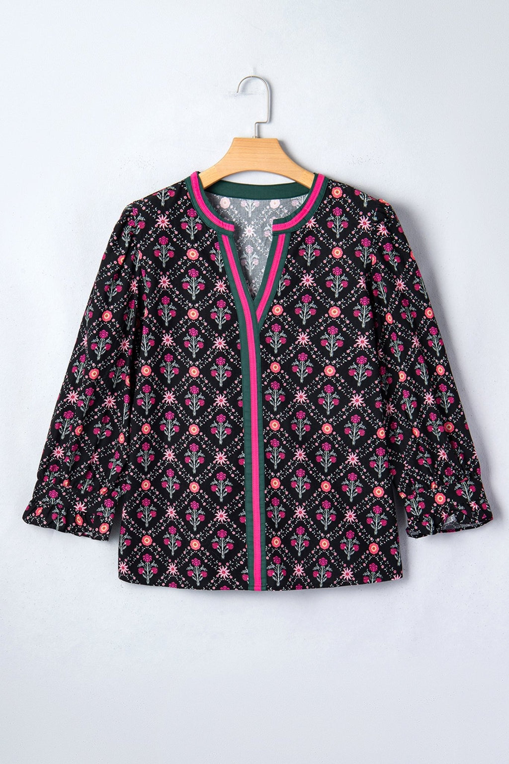 Floral Contrast V-Neck 3/4 Sleeve Blouse - Rooted & Reckless Co.