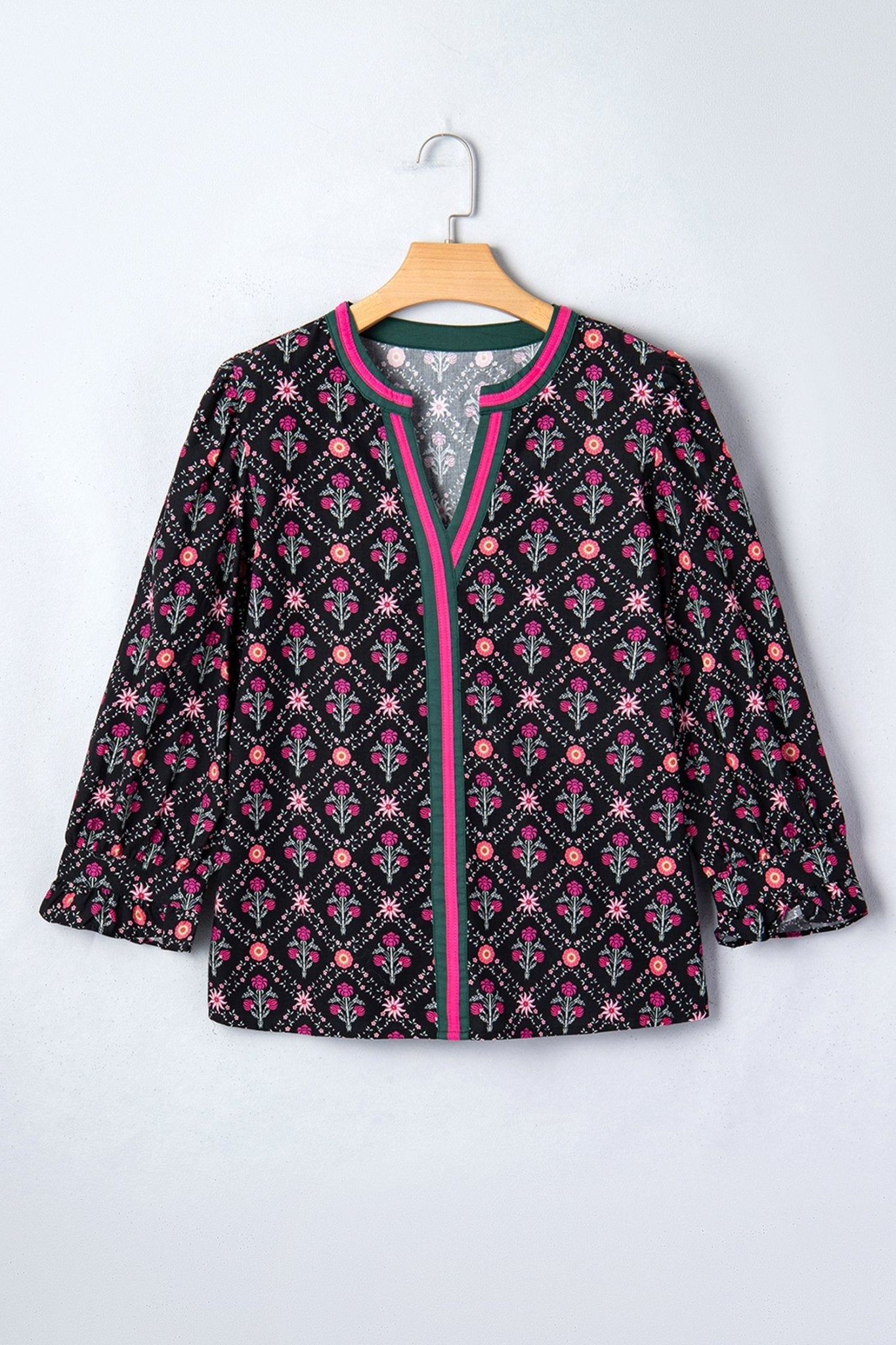 Floral Contrast V-Neck 3/4 Sleeve Blouse - Rooted & Reckless Co.