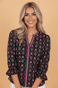 Floral Contrast V-Neck 3/4 Sleeve Blouse - Rooted & Reckless Co.