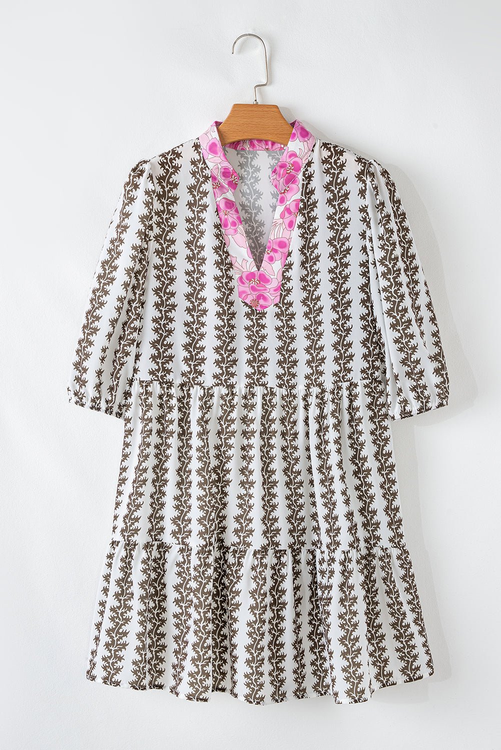 Floral Contrast V-Neck 3/4 Sleeve Dress - Rooted & Reckless Co.